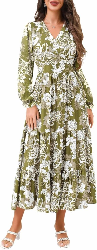 Women’s Bohemian Floral Long Sleeve V-Neck Dress – Modest Green