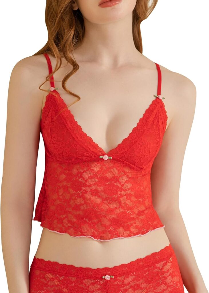 Floral Red Lace Camisole Shorts Set for Women – Sheer Sleepwear