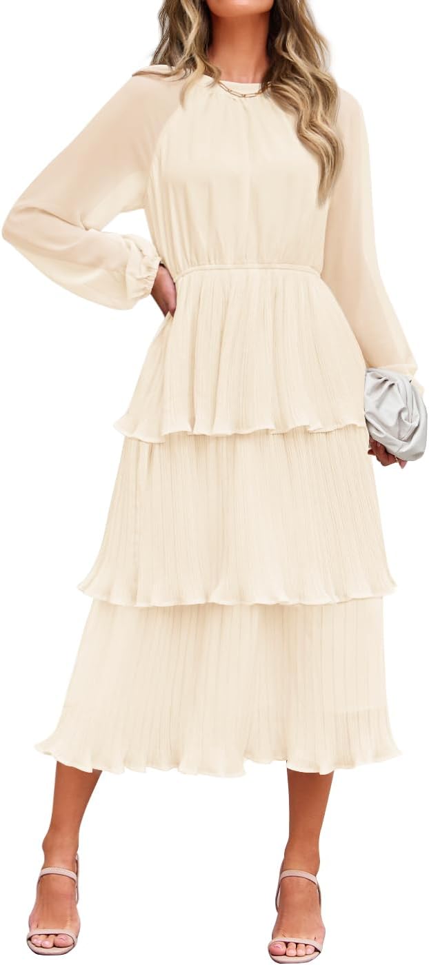 Women’s Long Sleeve Ruffle Tiered Dress for Modest Layering