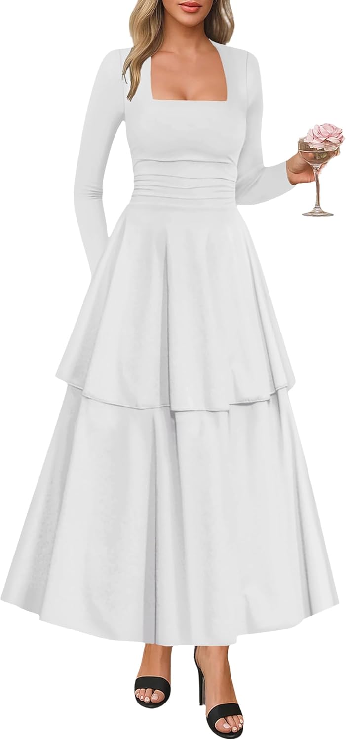 Long Sleeve Square Neck Ruched Dress for Fall – Modest Hijab Wear