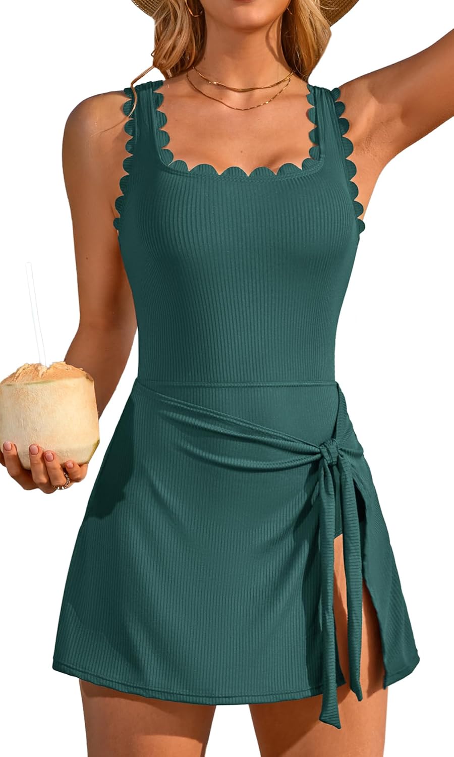 Charmo Modest One Piece Swim Dress with Scalloped Square Neck