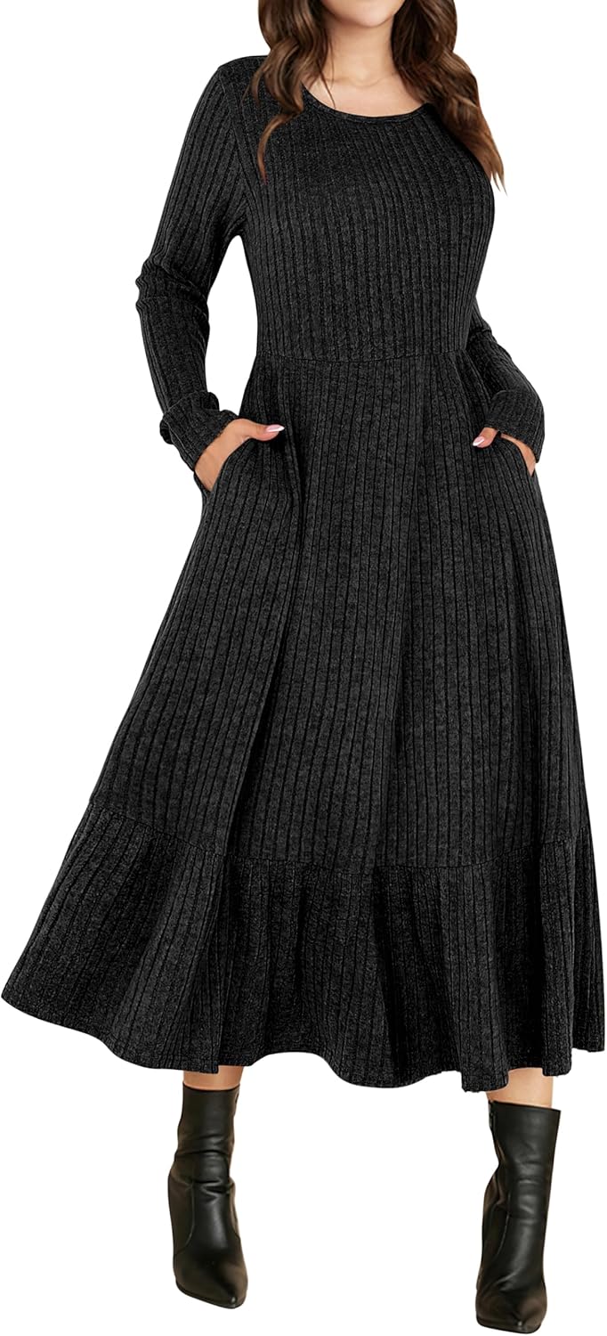 Women’s Long Sleeve Rib Knit Midi Dress – Spring Crew Neck