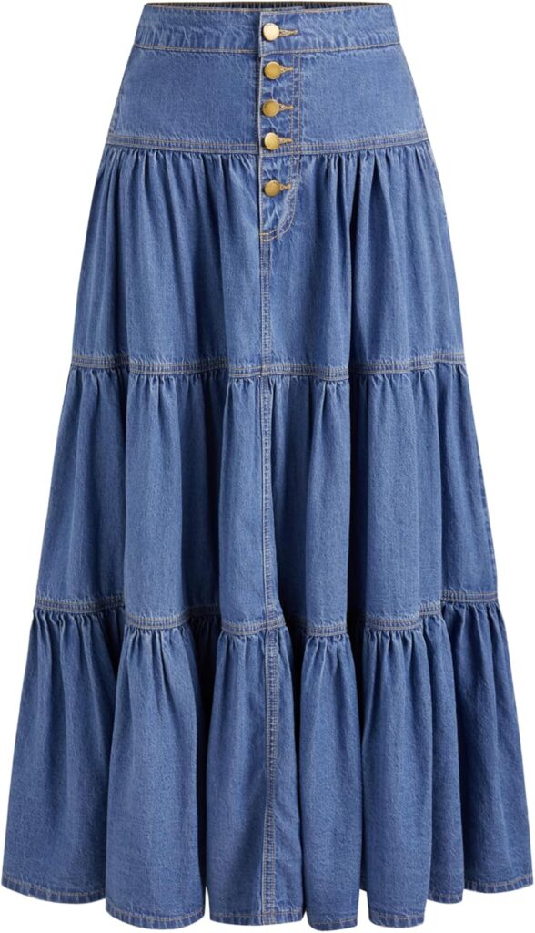 High-Waisted Denim Tiered Midi Skirt with Buttons