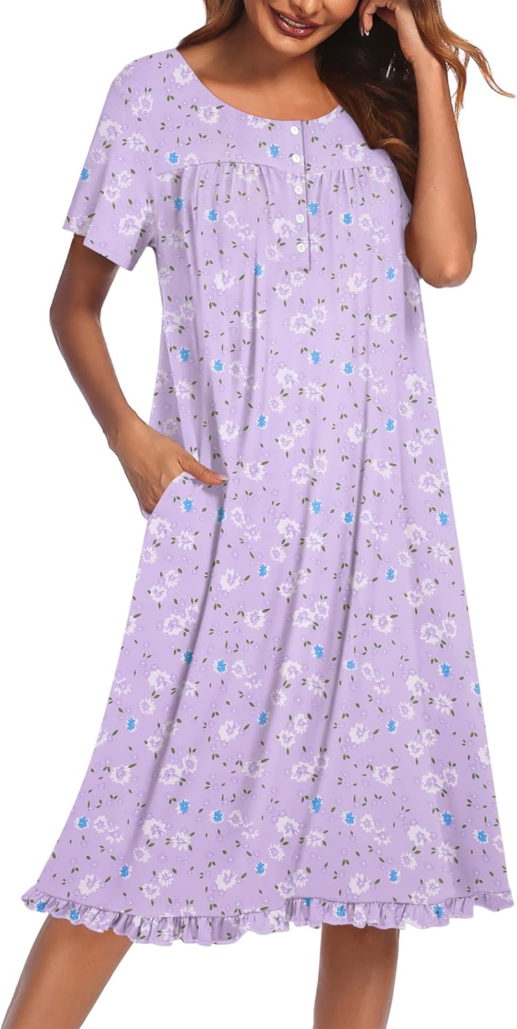 Women’s Nightgown with Pockets, Button Front Short Sleeve Sleep Dress