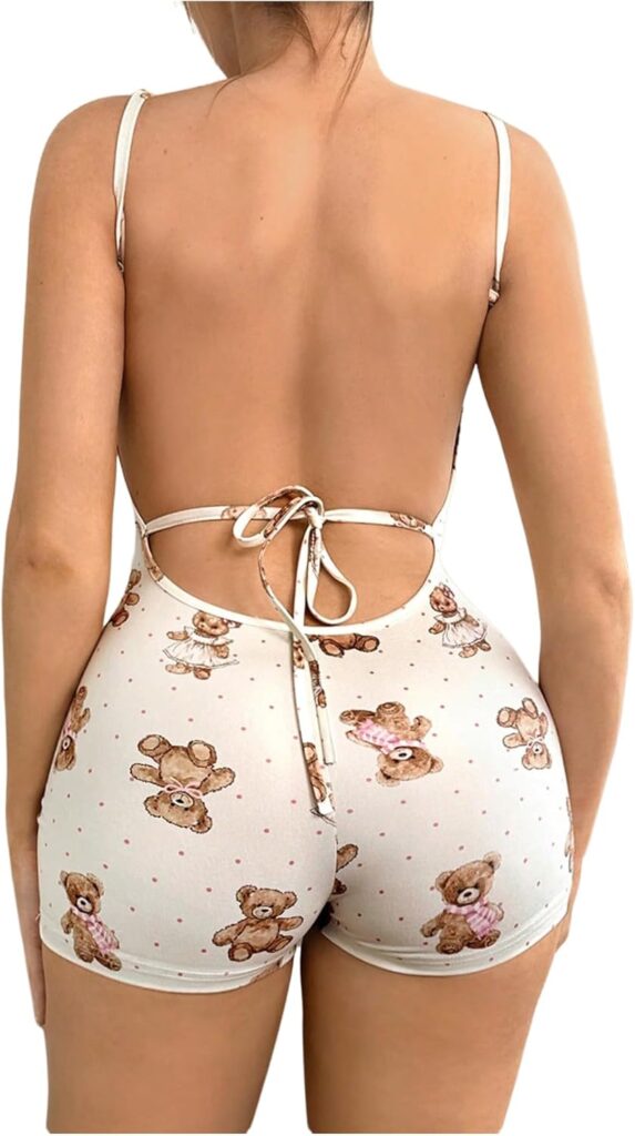Cozy Cartoon Bear Print Backless Romper Pajama for Women