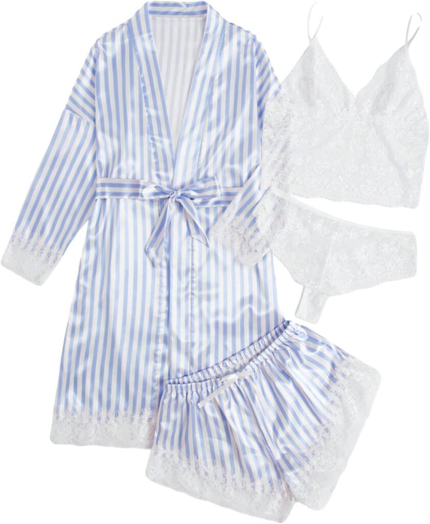 Women’s Satin Pajama Set with Lace Trim – 4-Piece Sleepwear