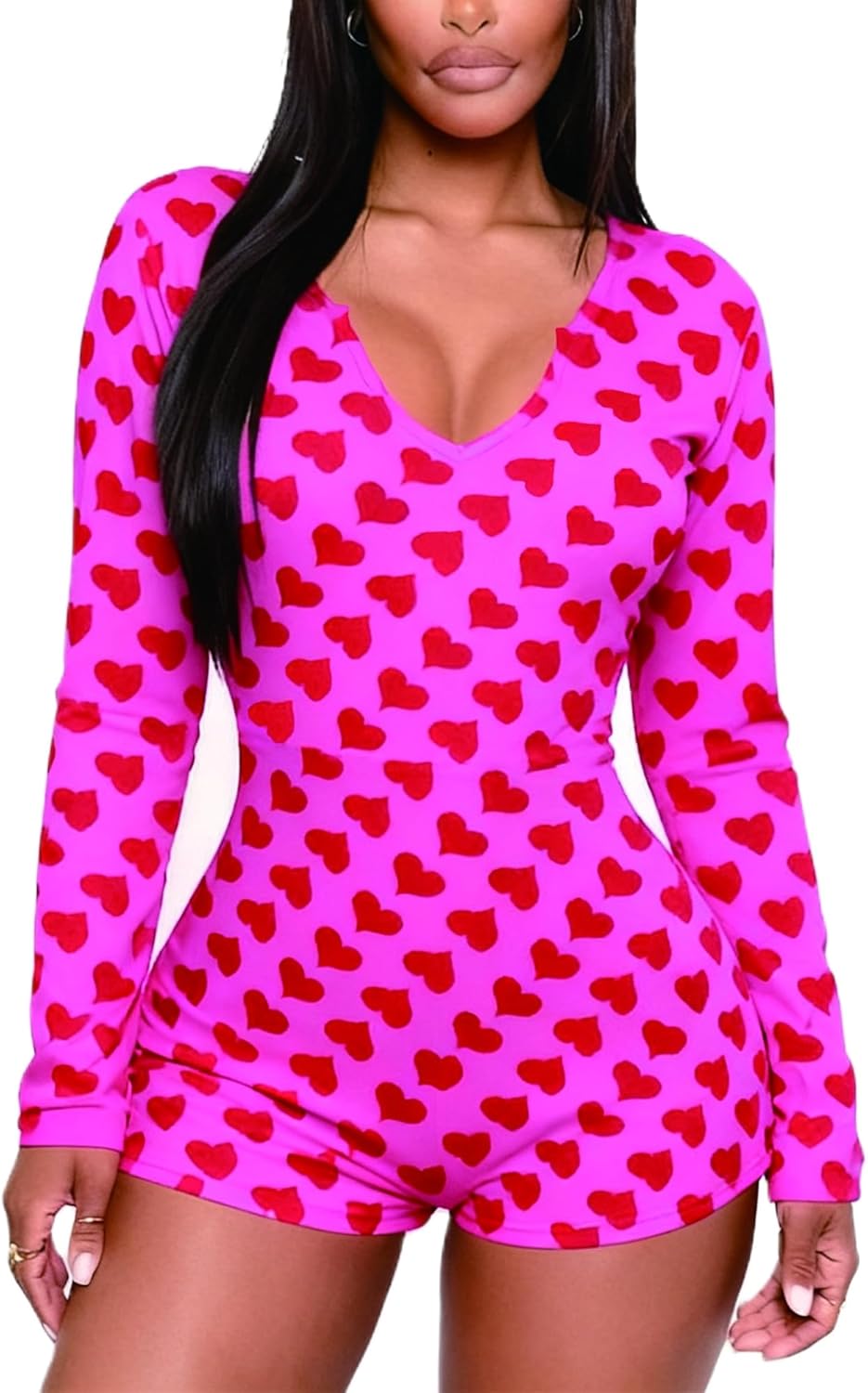 Women’s Sexy V-Neck Long Sleeve Onesie Pajama – Heart Print Bodycon Jumpsuit