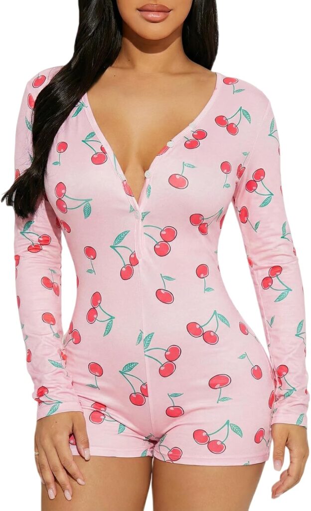 Women’s V-Neck Jumpsuit with Butt Flap – Bodycon Romper for Nightwear