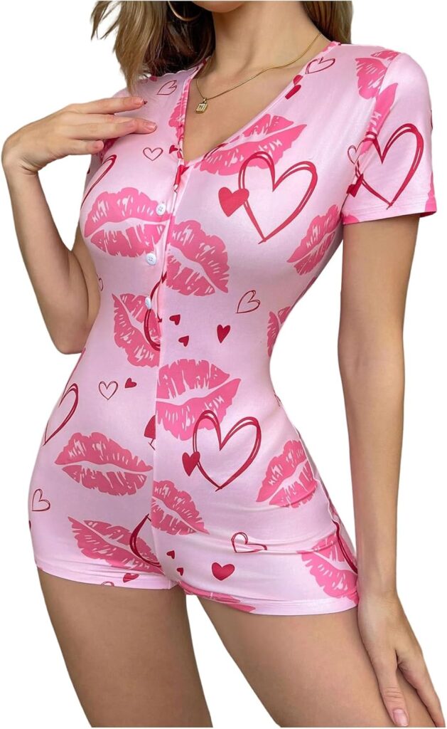 Women’s Button-Up Sleep Shirt with Lips & Heart Print