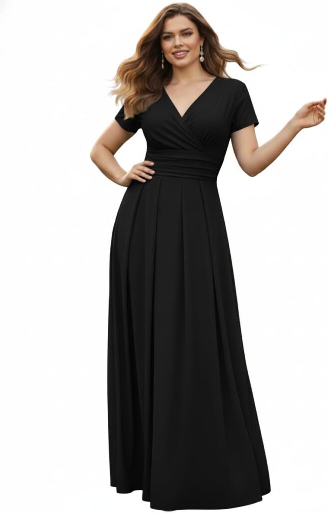 Women’s Long Pleated Cap Sleeve Faux Wrap V-Neck Dress – Modest Hijab Wear