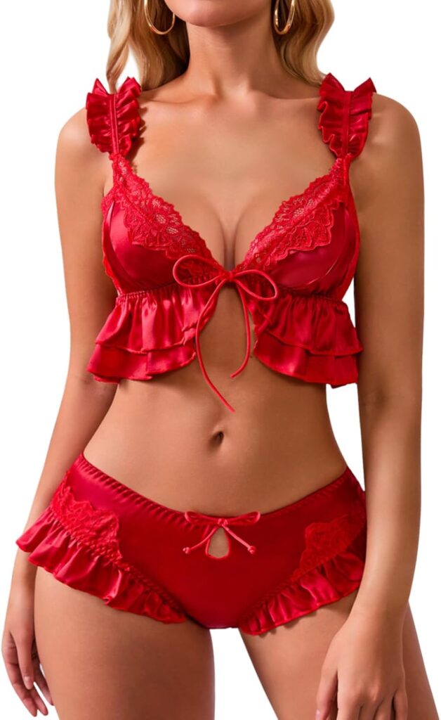 Women’s Satin Lingerie Set with Lace Bow Tie Front – Sexy & Comfortable