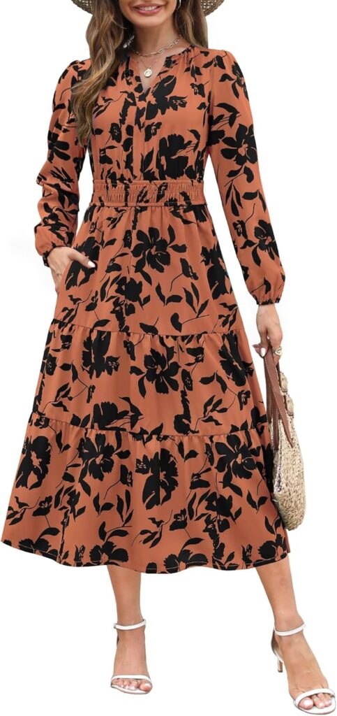 Maggeer Womens 2025 Spring Smocked Waist Midi Dress with Poc…