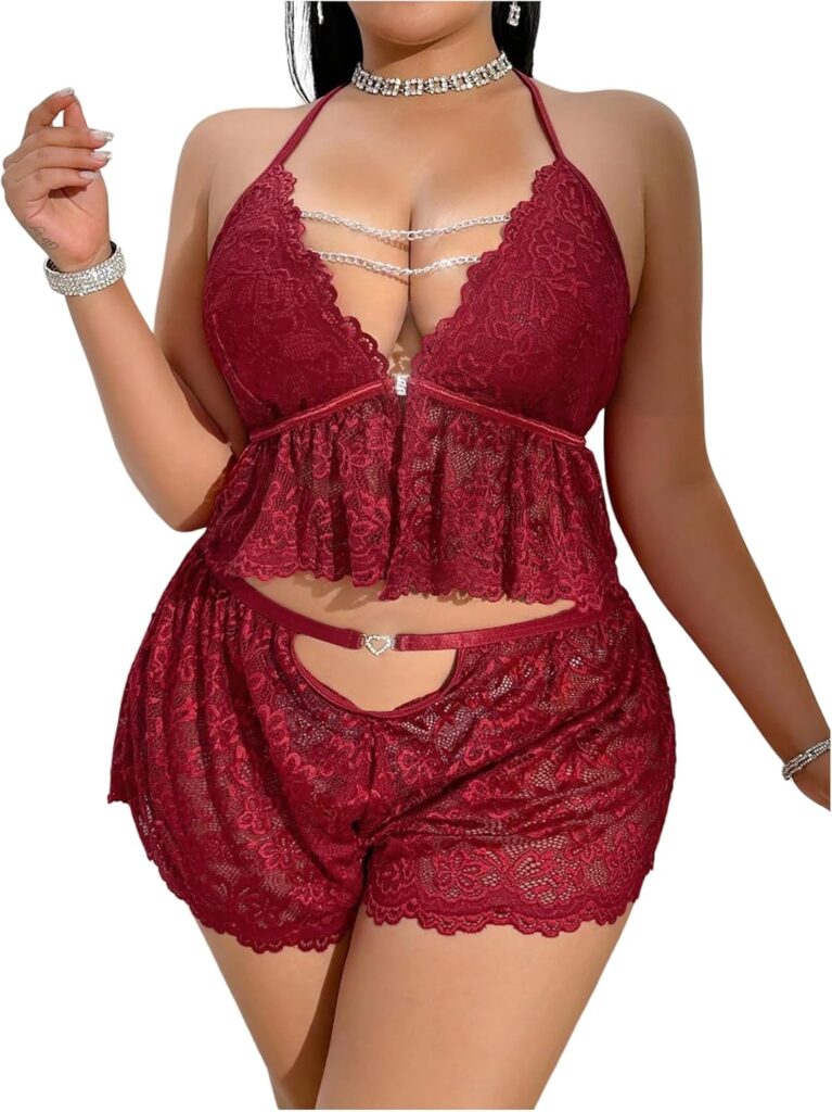 Plus Size Lace Pajama Set with Halter Top & Ruffle Trim
