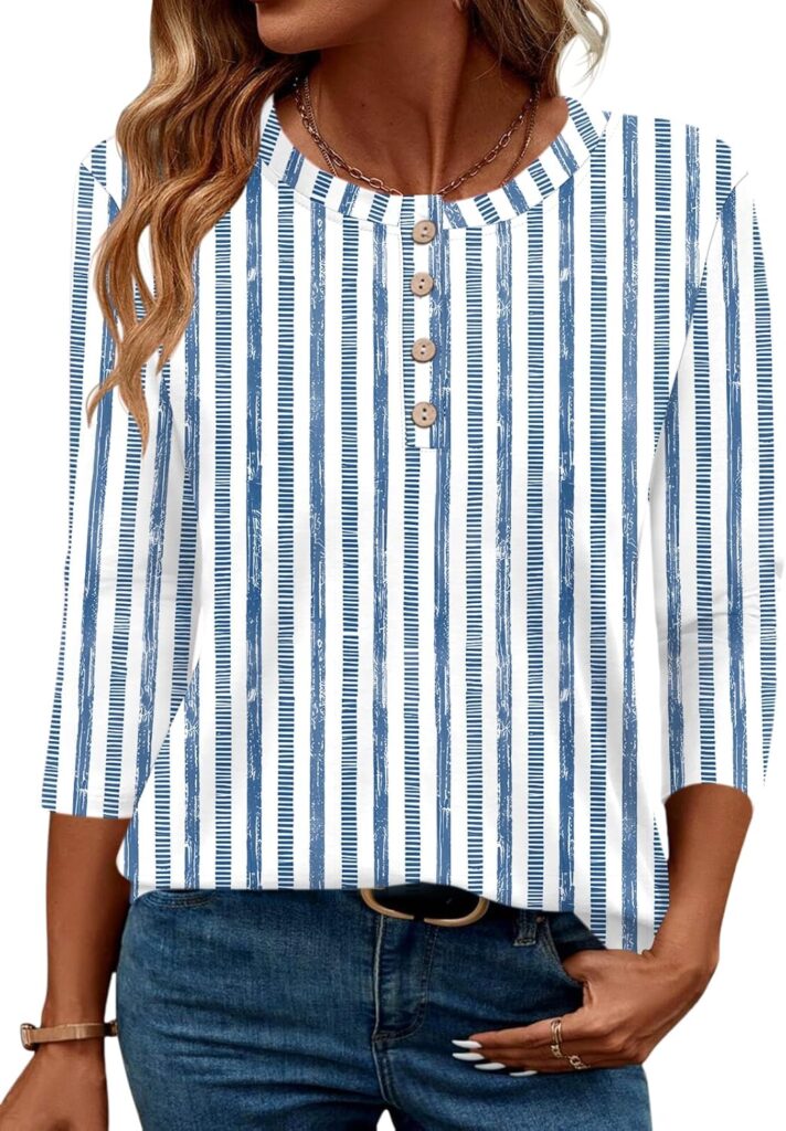 Dressy Casual 3/4 Length Sleeve Top for Women – Crewneck Modest Tee