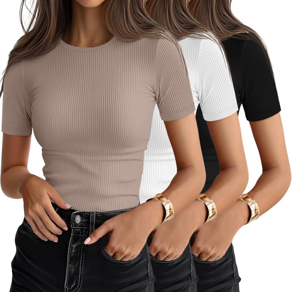 Ficerd 3 Pack Women’s Ribbed T-Shirts, Cotton Short Sleeve B…