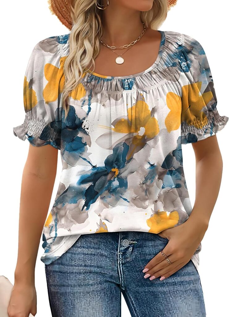 WIHOLL Womens Short Sleeve Square Neck Summer Tops Dressy Ca…