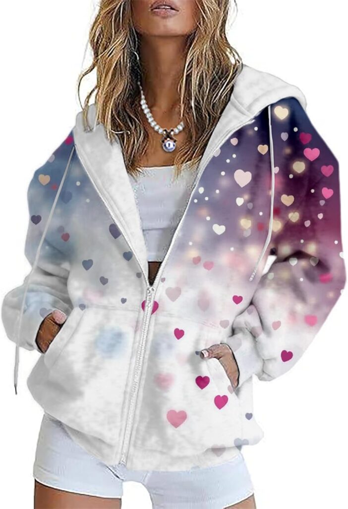 MARSVOVO Cute Love Heart Valentines Day Zip Up Hoodie Women …