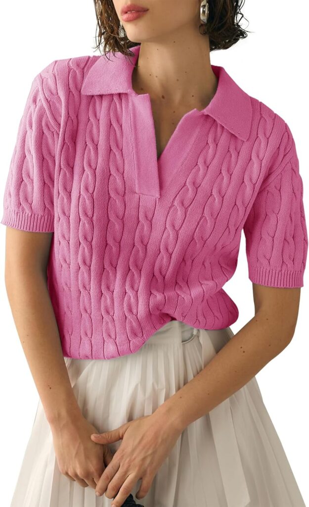 Imily Bela Women’s Cable Short Sleeve Sweaters Tops Solid La…