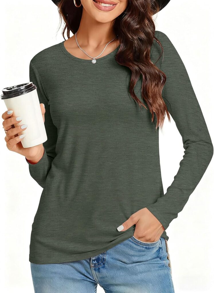 Long Sleeve Shirts for Women Basic Crew Neck Spring Tops Cas…