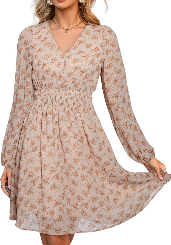 Simplee Womens Floral Mini Dress Long Sleeve Casual V Neck C…