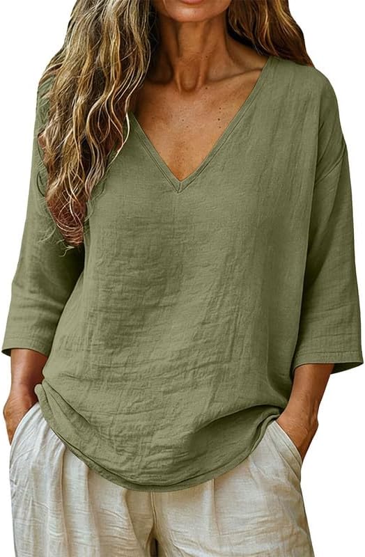 Lightweight Linen V-Neck Top for Women – Casual Loose Fit