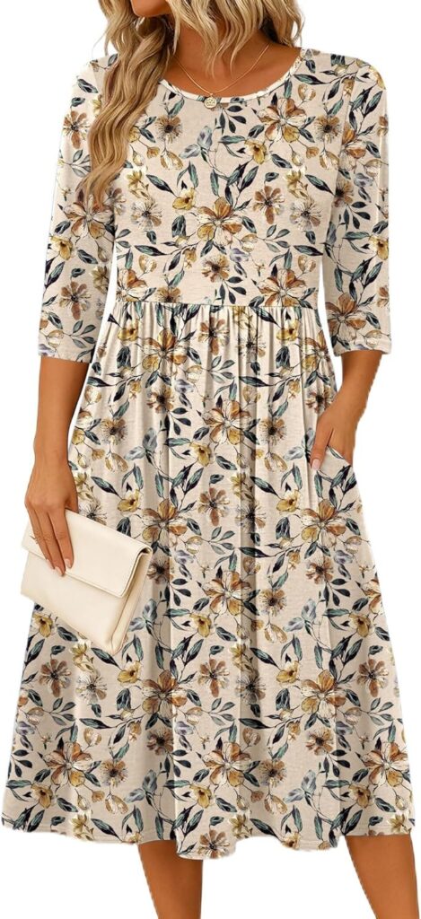 Flowy A-Line Midi Dress with 3/4 Sleeves for Women