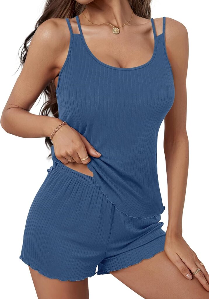 Cool & Comfortable Women’s Ribbed Knit Pajama Set – Cami & Shorts