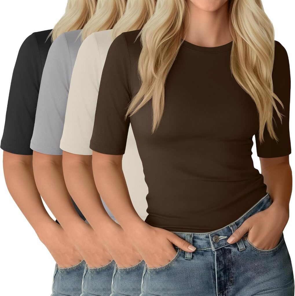 Women’s Elbow-Length Half Sleeve Tops – 4-Pack Slim Fit Basics