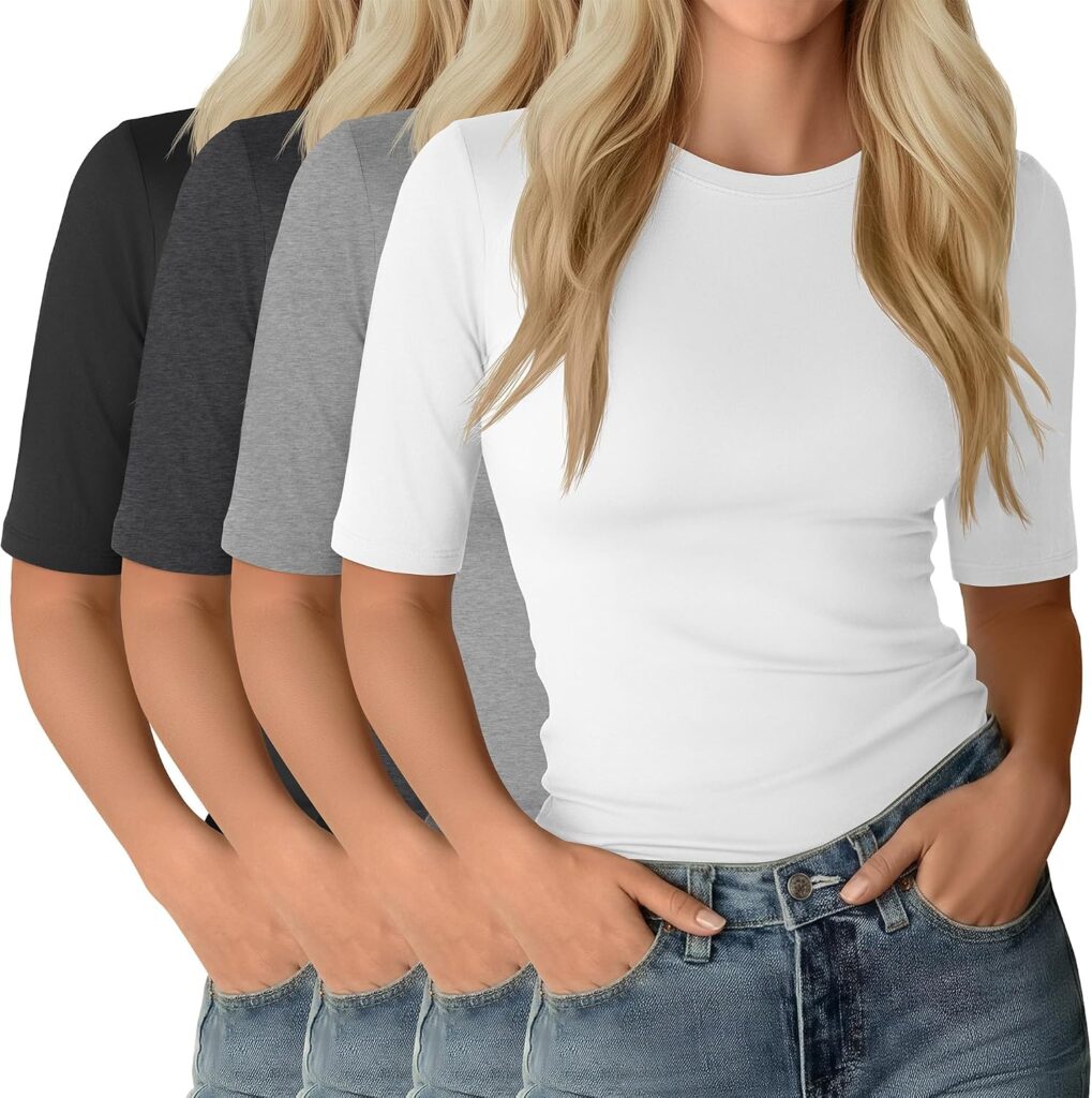 Women’s Slim Fit Elbow Length Tops – 4 Pack for Everyday Wear