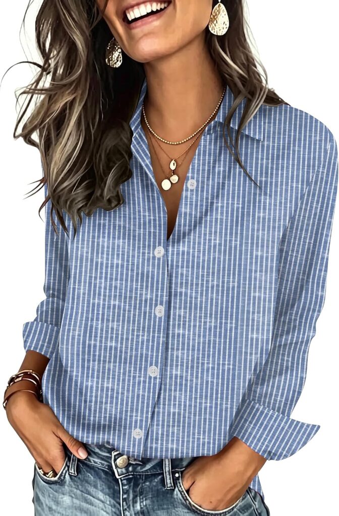 Striped Long Sleeve Button Down Shirt for Women