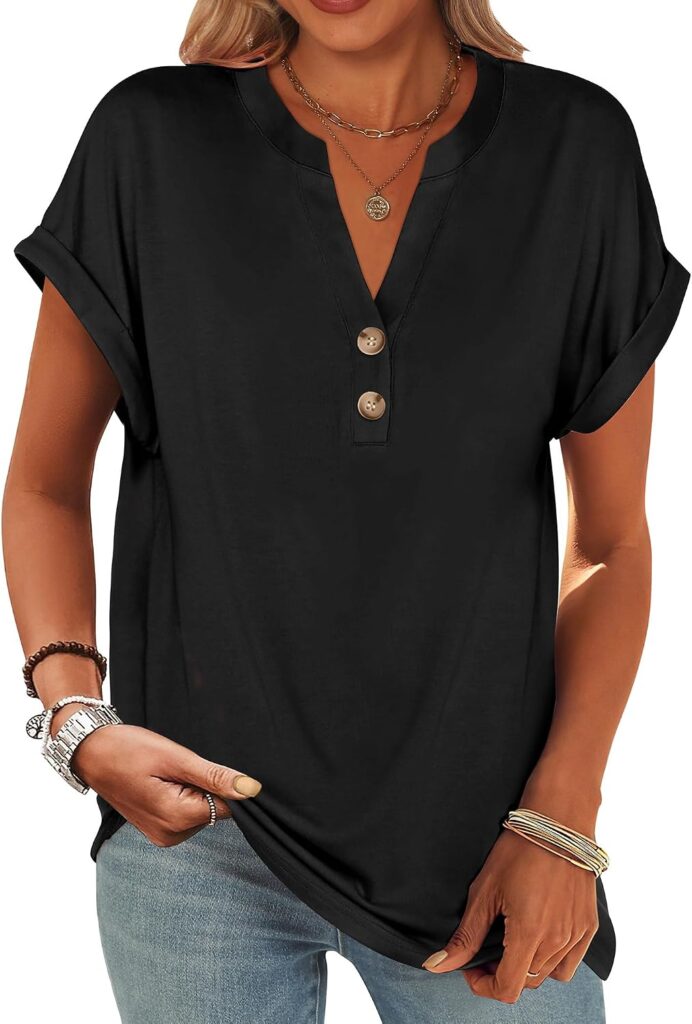 ANRABESS Women’s Short Sleeve Henley Tops Casual Summer Button Shirts