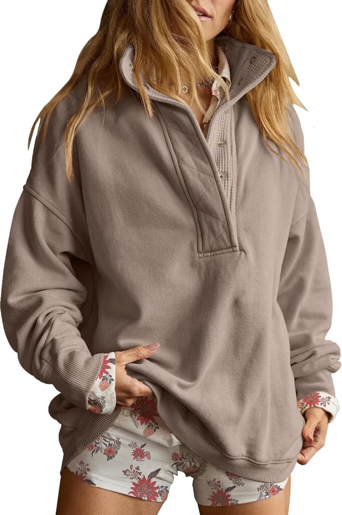 Women’s Oversized Henley Neck Pullover Sweatshirt – Cozy Casual Outerwear
