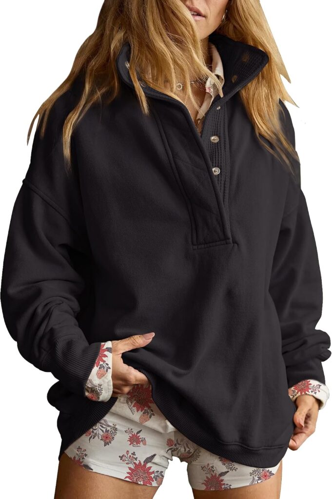 Oversized Henley Neck Sweatshirt for Women – Cozy Casual Pullover