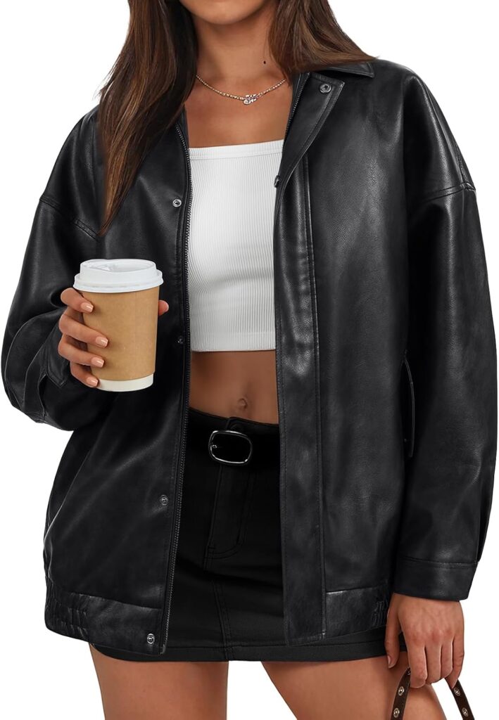 Women’s Oversized Faux Leather Jacket – Trendy Textured Outerwear for Fall