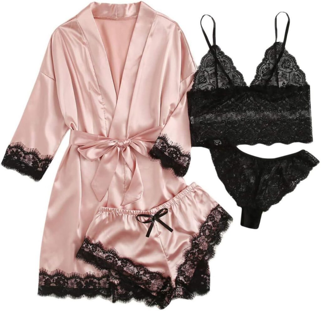 Women’s 4-Piece Satin Pajama Set with Lace Cami – Silky Sleepwear
