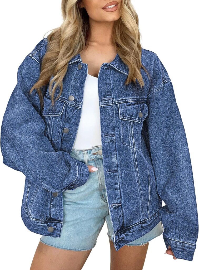 Women’s Oversized Button-Down Denim Jacket with Pockets – Casual Jean Outerwear